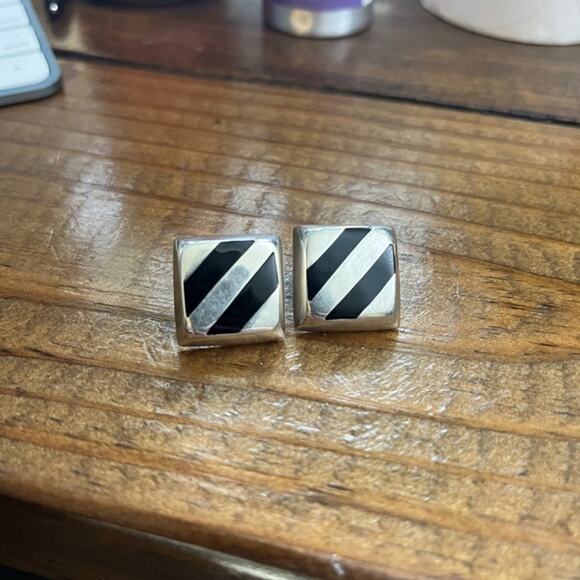 Vintage 80s Onyx and 925 Sterling Silver Chunky Square earrings MEXICO C3 - Picture 6 of 6